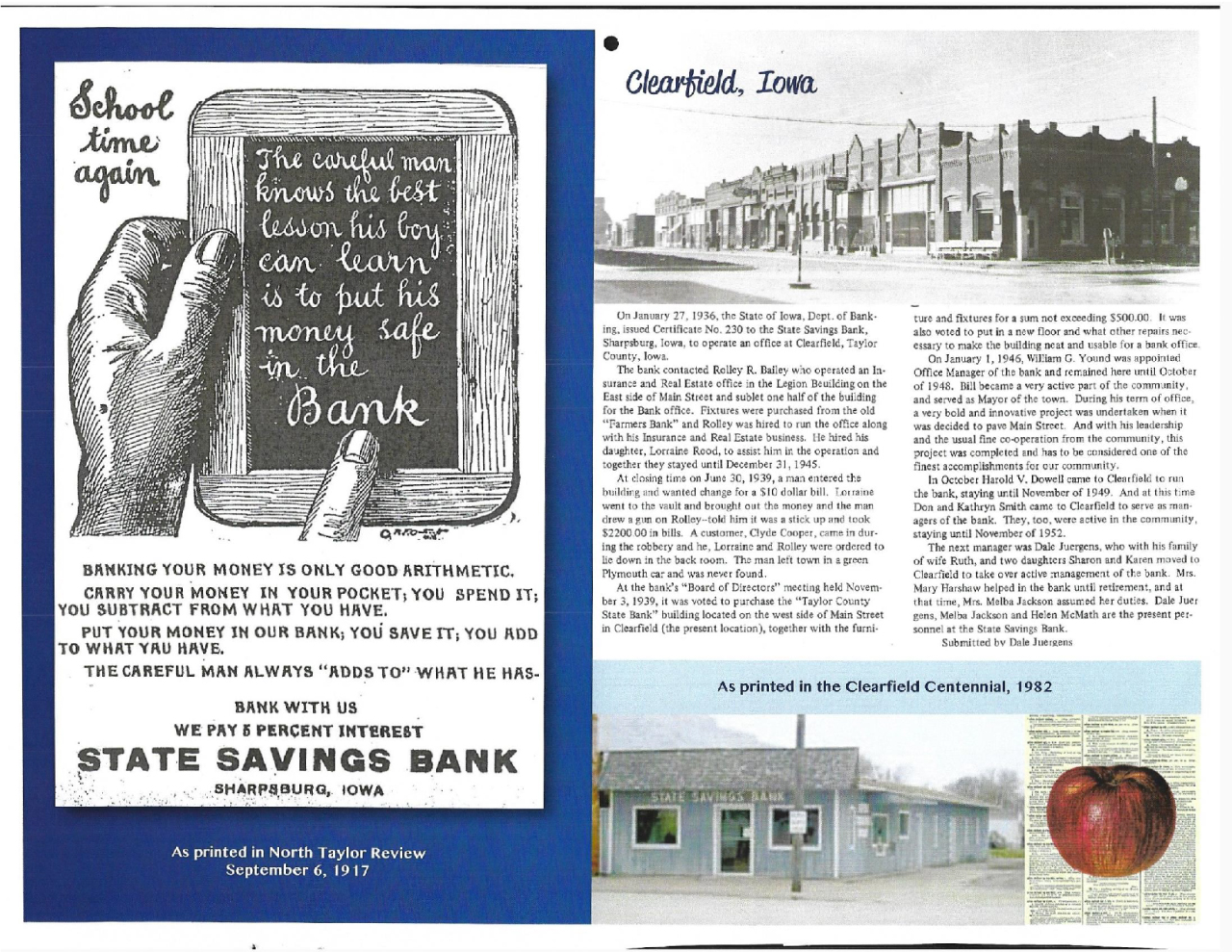 newspaper clippings mentioning State Savings Bank dating 1917 and 1982